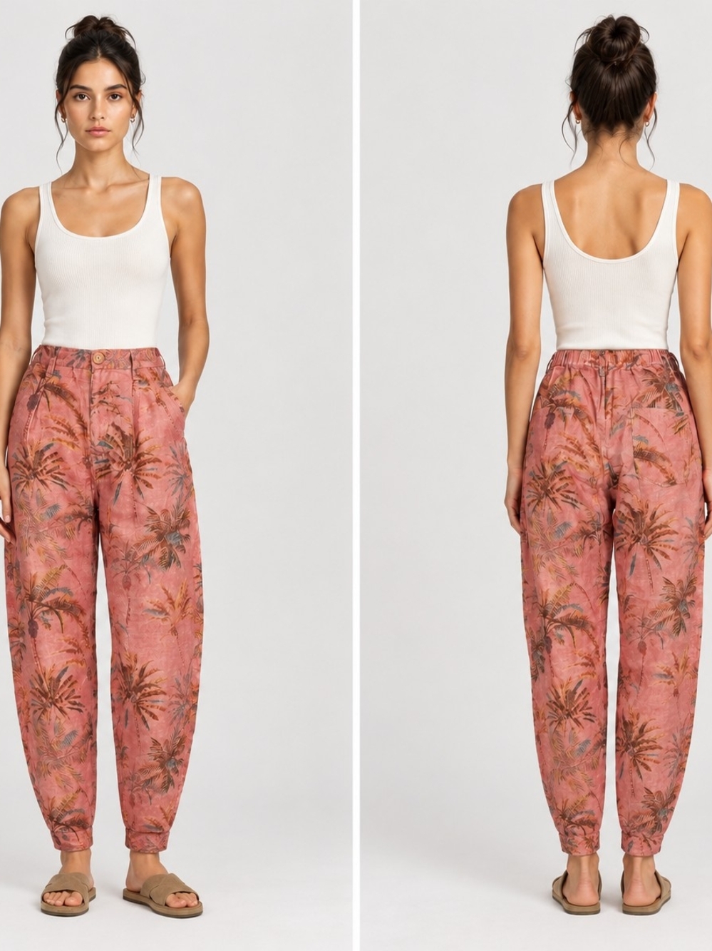 Zara Palm-Print Relaxed Pants in Coral Pink